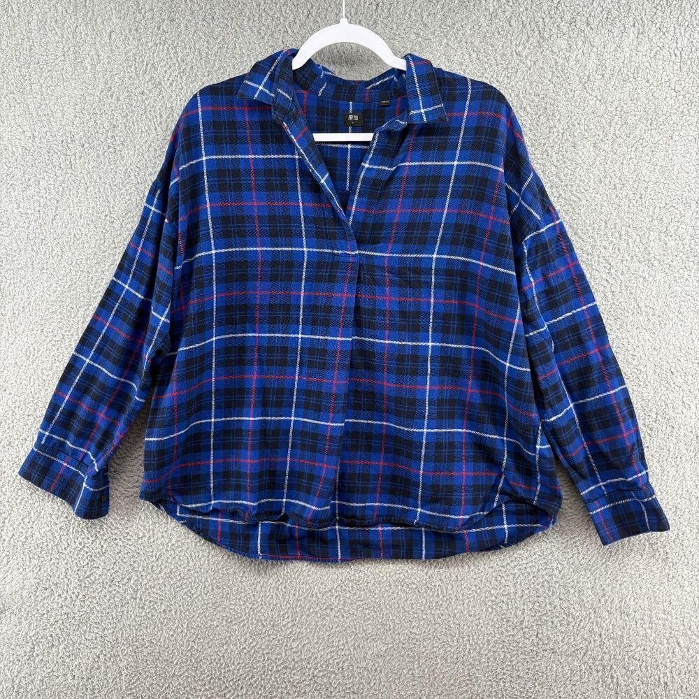 uniqlo women's flannel v-neck cotton‎ long sleeve blue black pink size medium